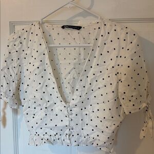 Zara White Blouse short sleeves with Black Dots Size  XS
